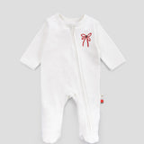 Organic Cotton Christmas Footed Baby Sleepsuit - Red Bow Embroidery