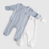 Organic Cotton 2 Pack Baby Sleepsuit Set - Blue & Ecru