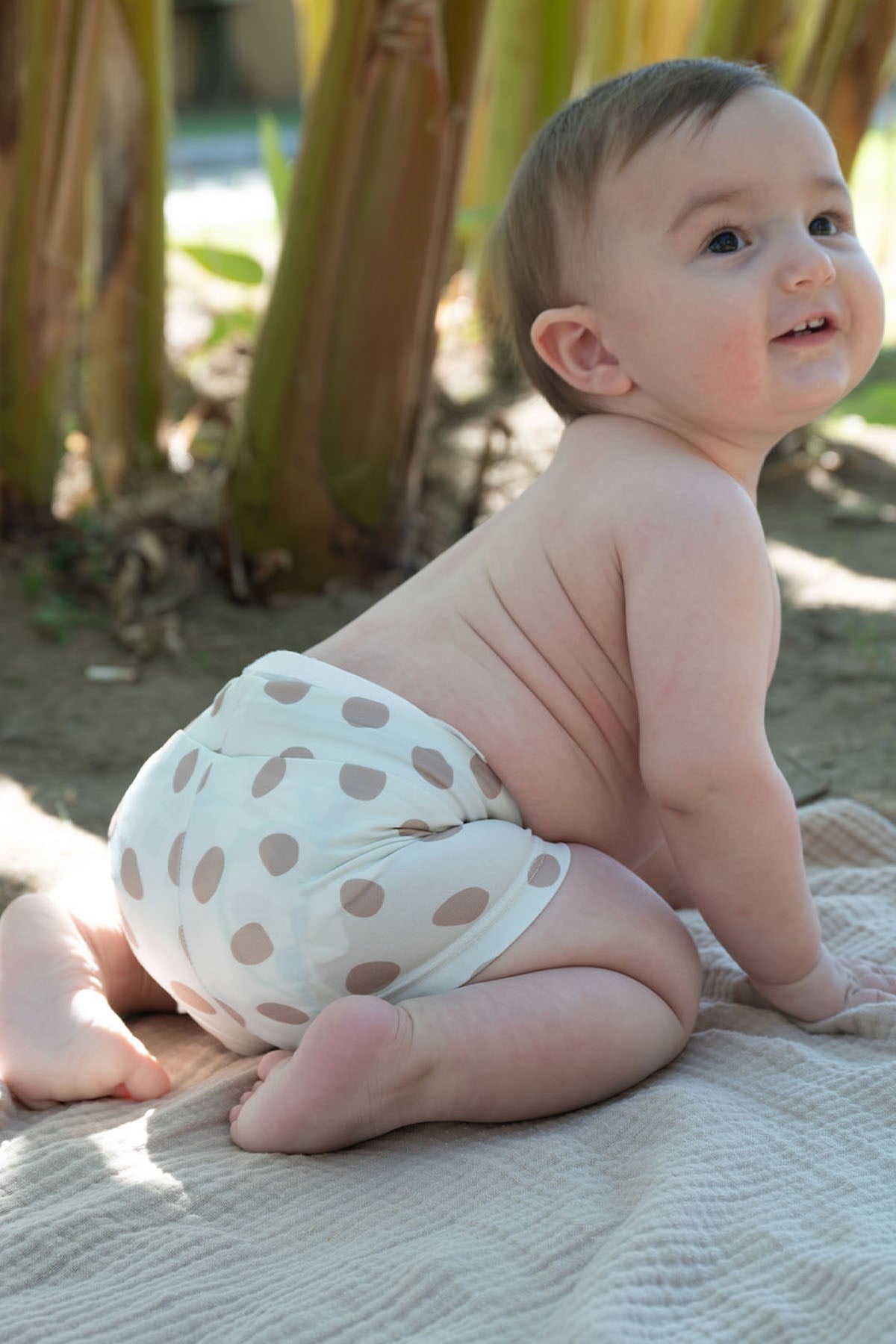 upf 50 baby swim shorts brown dots