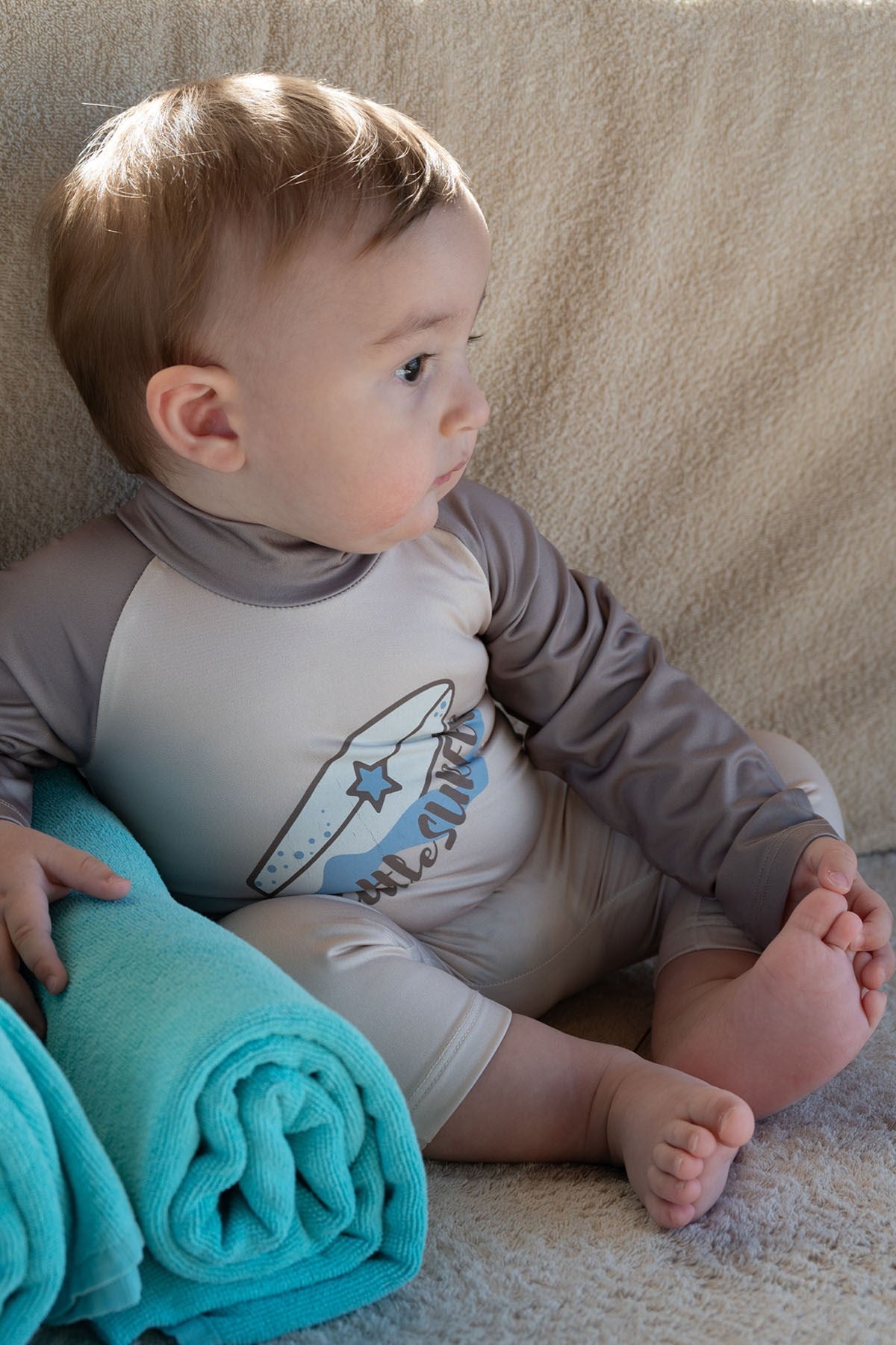 brown dot baby swimwear fabric detail